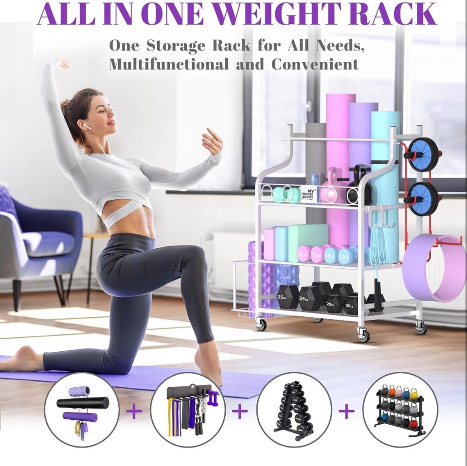 Mythinglogic Yoga Mat Storage Racks, Home Gym Storage Rack for Dumbbells Kettlebells Foam Roller, Yoga Strap and Resistance Bands, Workout Equipment Storage Organizer With Hooks and Wheels