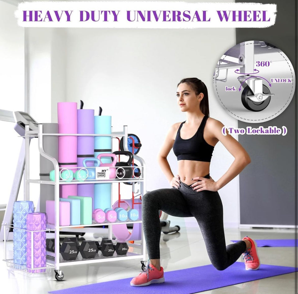 Mythinglogic Yoga Mat Storage Racks, Home Gym Storage Rack for Dumbbells Kettlebells Foam Roller, Yoga Strap and Resistance Bands, Workout Equipment Storage Organizer With Hooks and Wheels