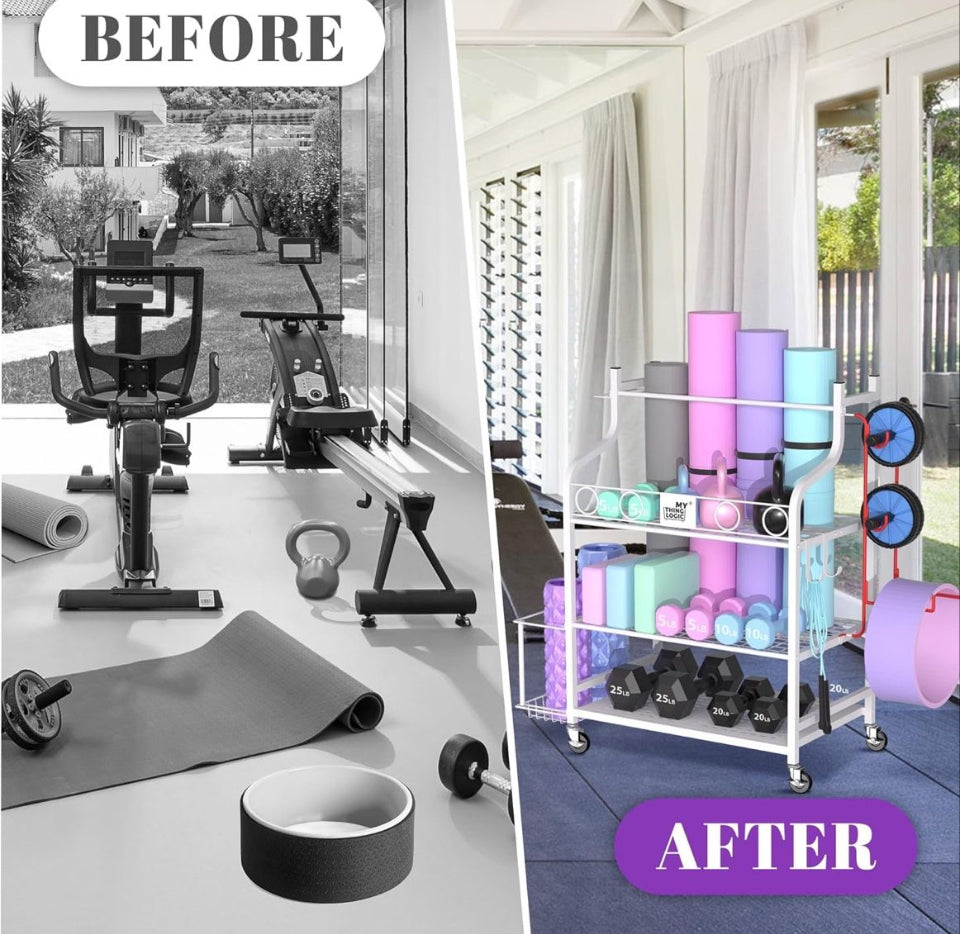 Mythinglogic Yoga Mat Storage Racks, Home Gym Storage Rack for Dumbbells Kettlebells Foam Roller, Yoga Strap and Resistance Bands, Workout Equipment Storage Organizer With Hooks and Wheels