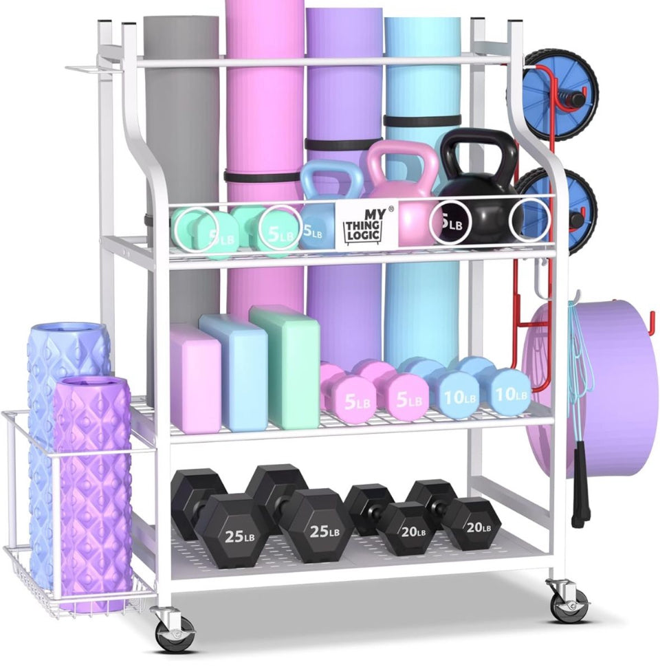 Mythinglogic Yoga Mat Storage Racks, Home Gym Storage Rack for Dumbbells Kettlebells Foam Roller, Yoga Strap and Resistance Bands, Workout Equipment Storage Organizer With Hooks and Wheels